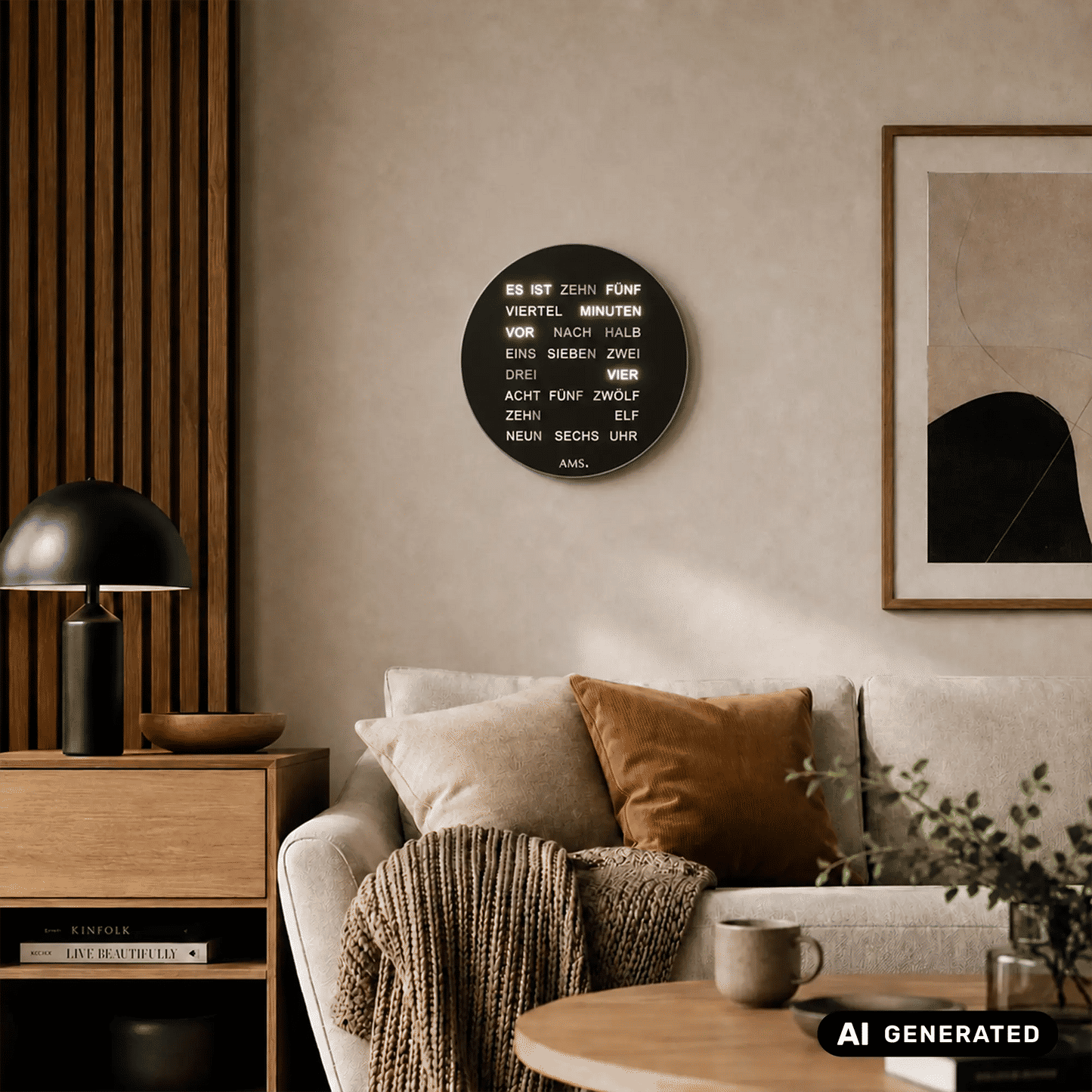 Runde schwarze AMS Quarz-Tisch- und Wanduhr mit Textanzeige, an Wand