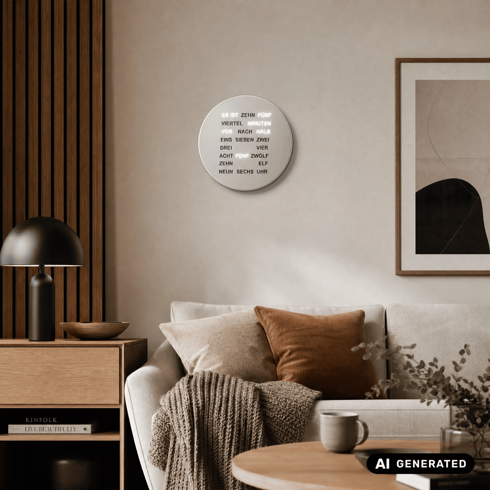 Runde LED-Wortanzeige-Wanduhr in Alu-Optik mit Leuchttext, kreisförmiges Gehäuse