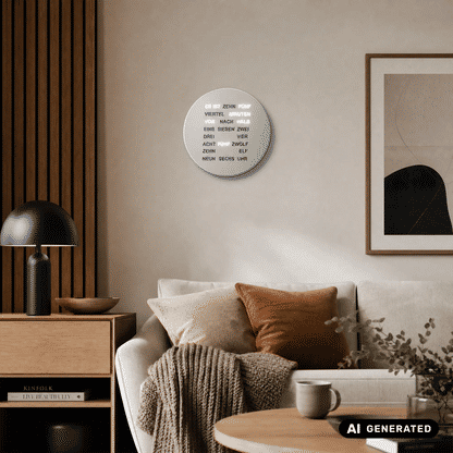 Runde LED-Wortanzeige-Wanduhr in Alu-Optik mit Leuchttext, kreisförmiges Gehäuse