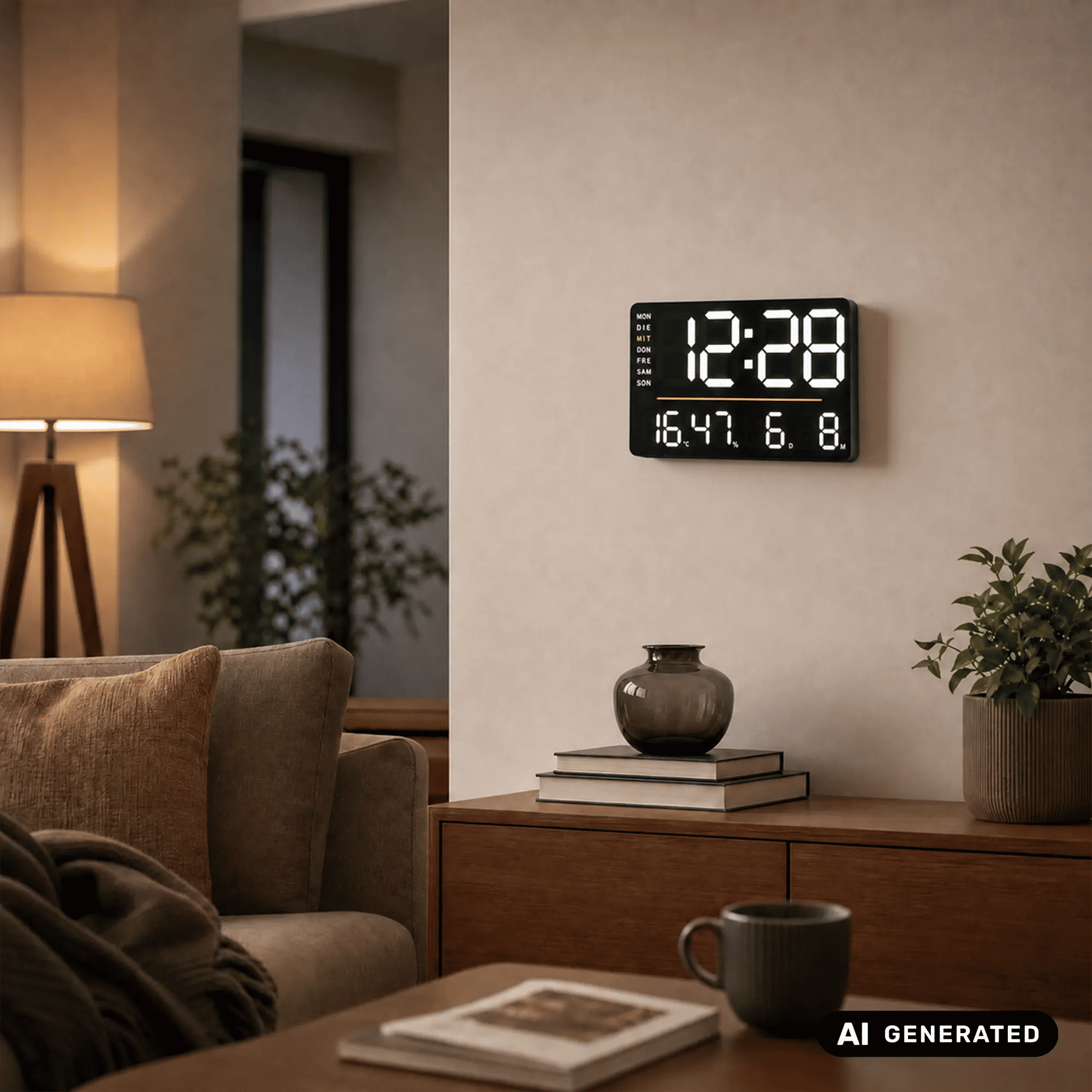Digitale LED-Wanduhr mit Thermometer, schwarzes Displaygehäuse mit Ziffern