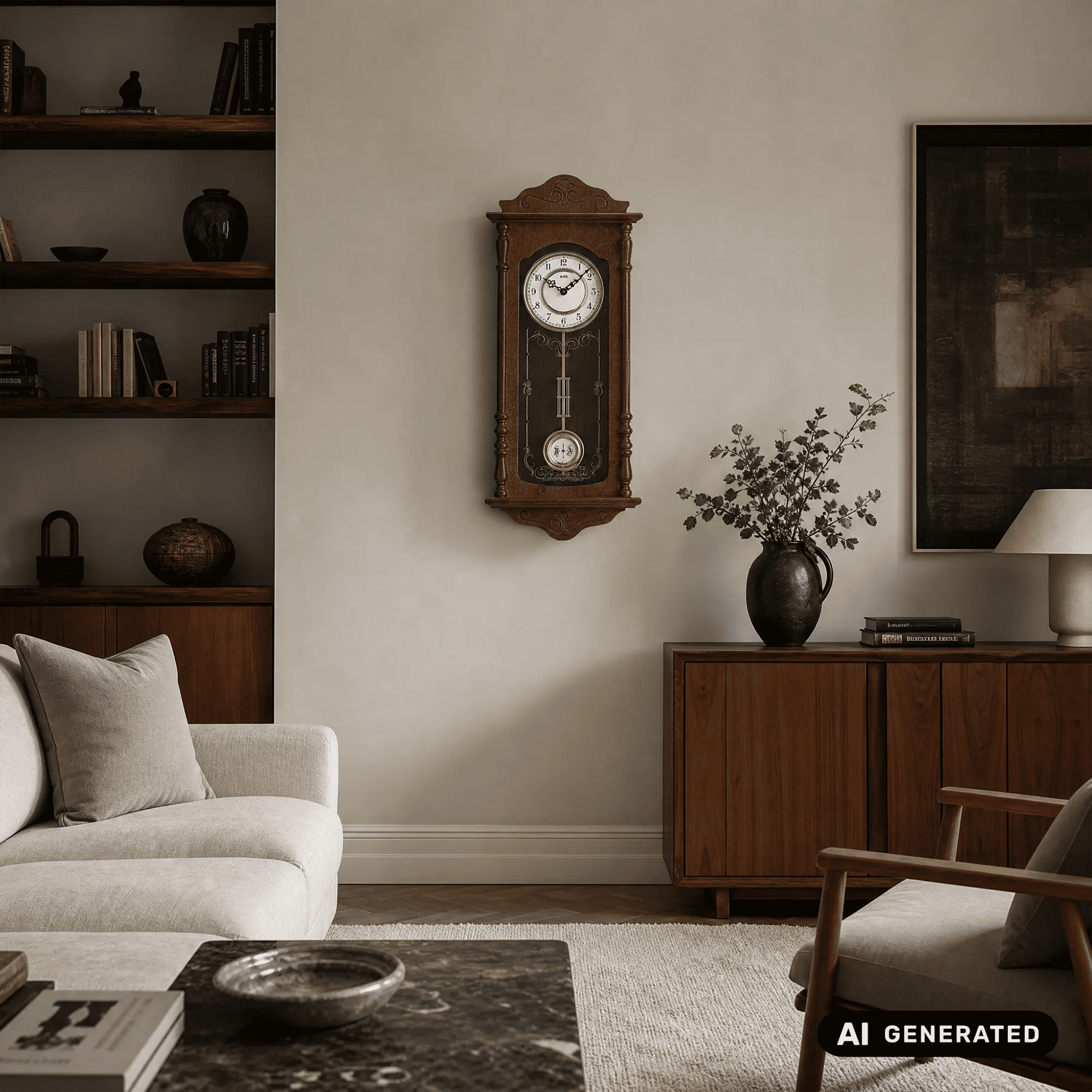 Wanduhr mit Nussbaumgehäuse und analogem Zifferblatt an der Wand