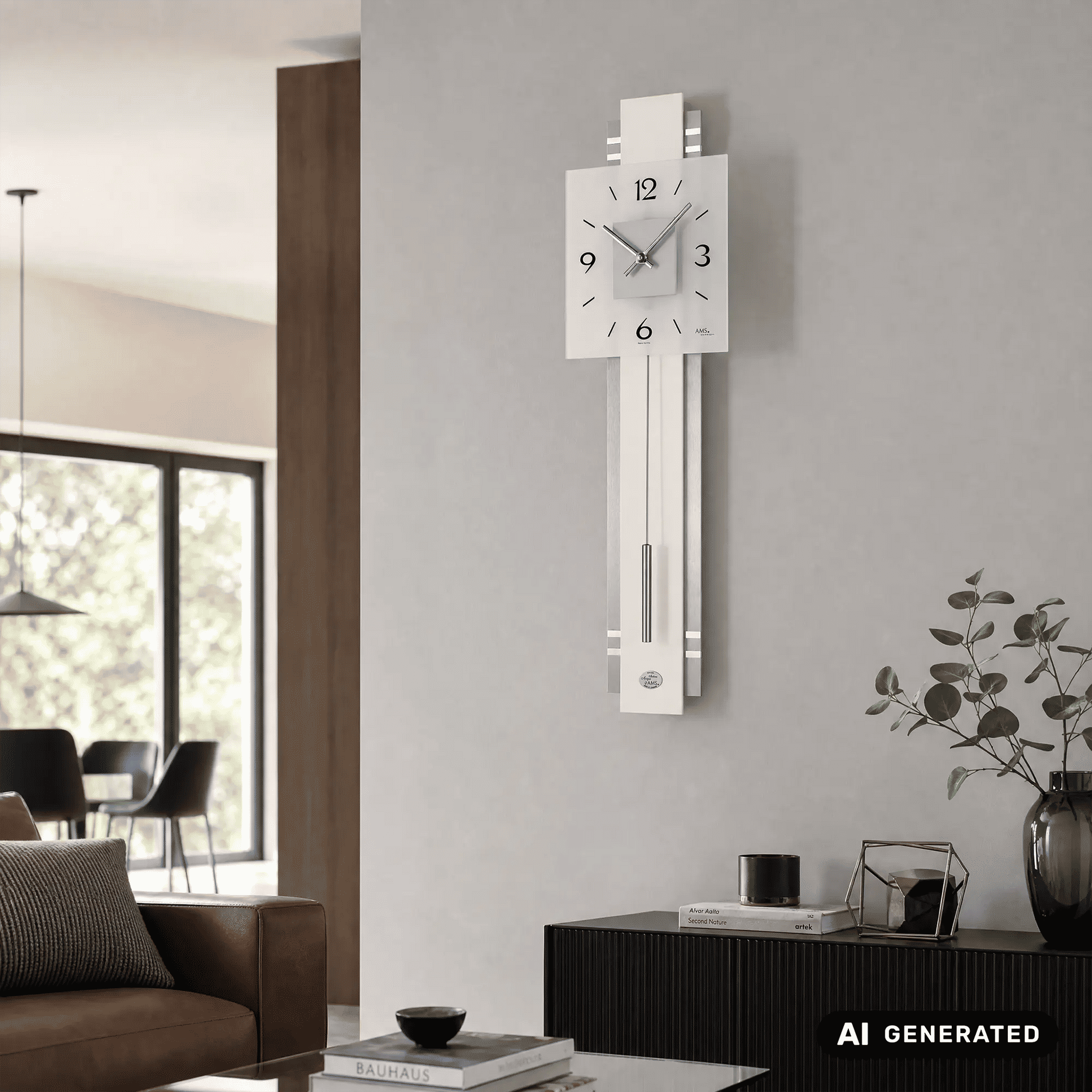 Wanduhr an der Wand mit quadratischem Zifferblatt und silbernem Pendelwerk