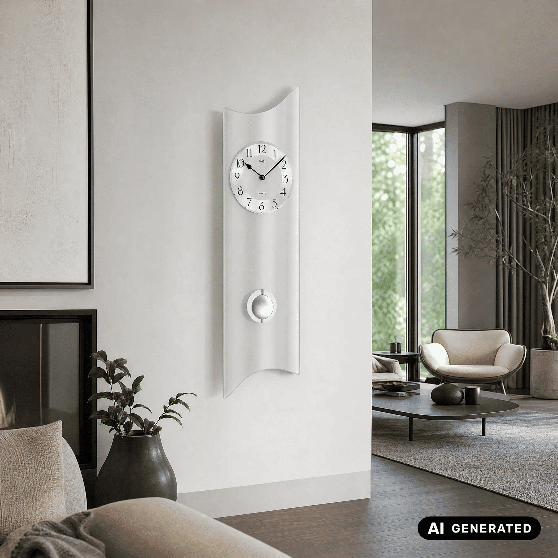 Wanduhr mit geschwungenem Mineralglas, arabischen Ziffern und rundem Fenster