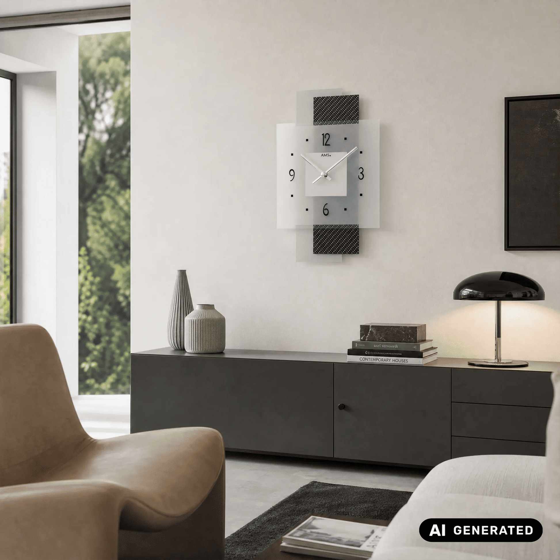 Wanduhr an Wand über Sideboard, weißes Zifferblatt mit schwarzen Ziffern und silbernen Zeigern