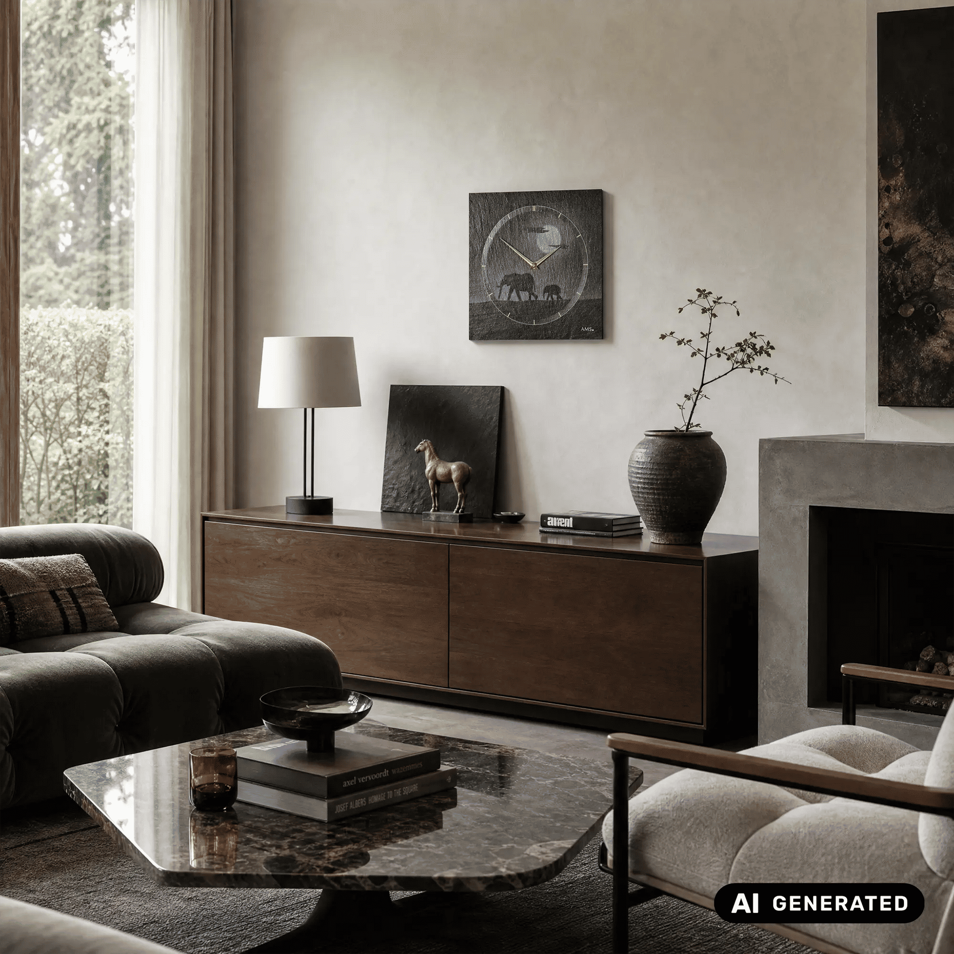 Wanduhr aus Naturschiefer an der Wand mit Elefanten-Airbrush und goldener Umrandung