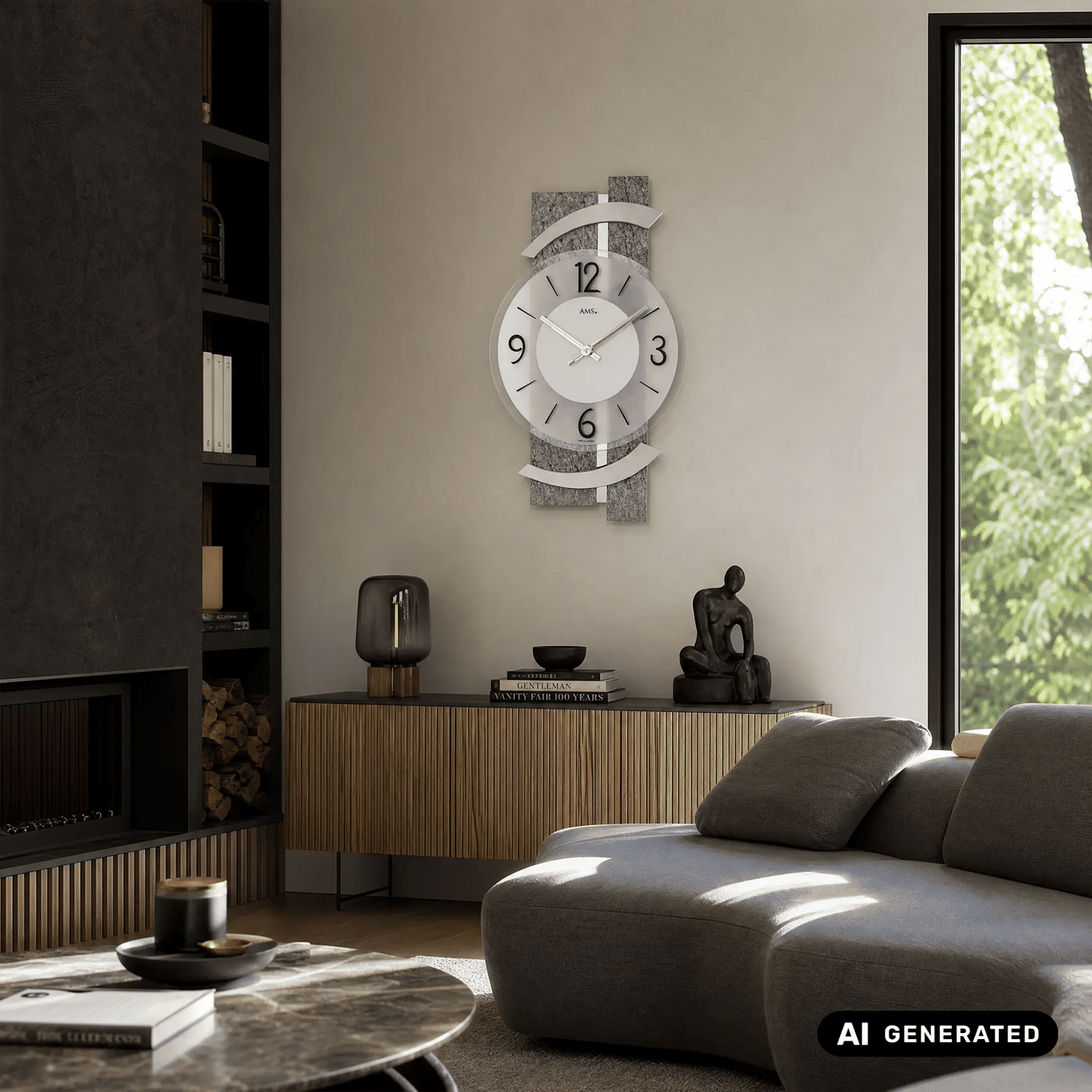 AMS W9548 Zegar ścienny kamień naturalny/aluminium • Fasetowane szkło mineralne • Mechanizm kwarcowy
