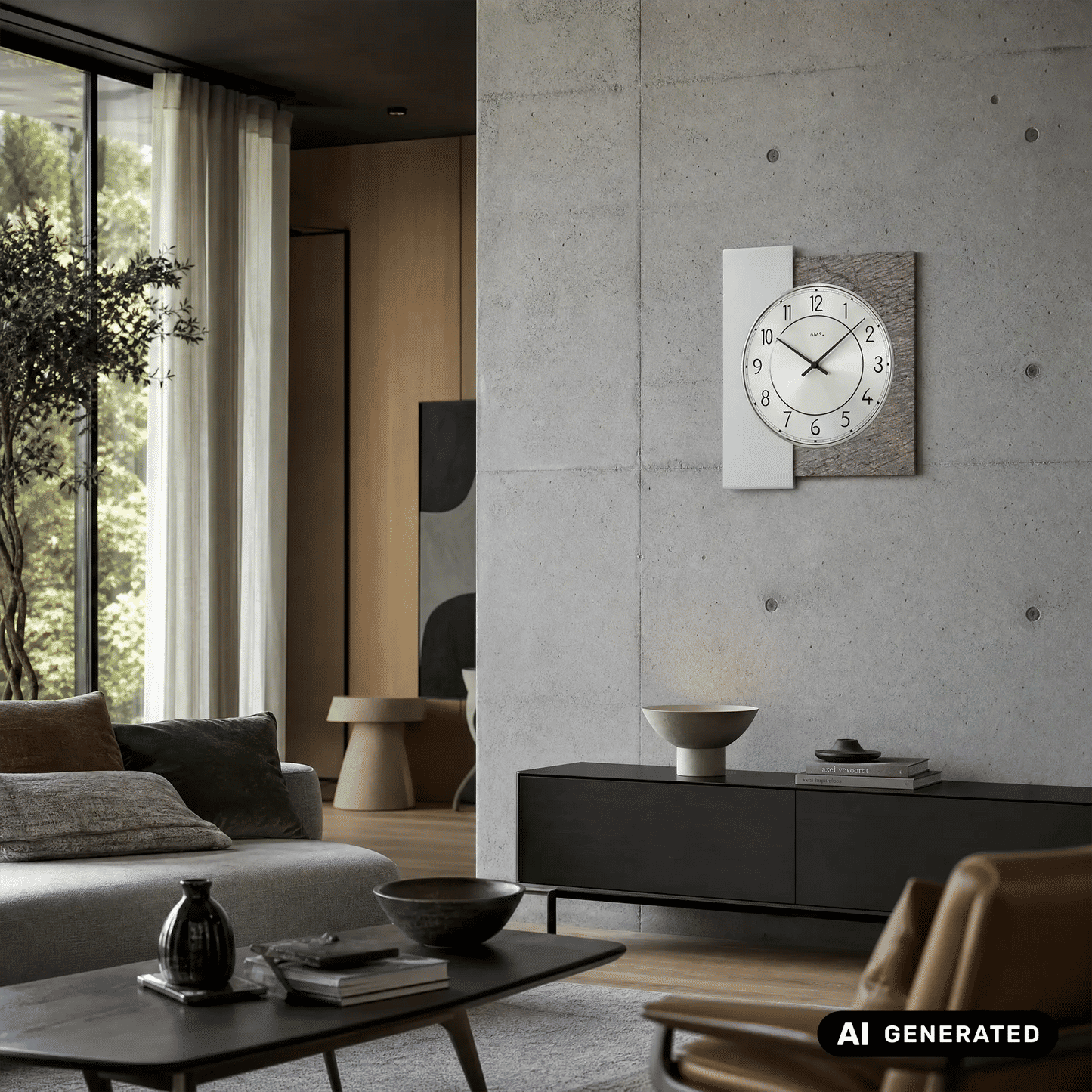 AMS Wanduhr auf Betonwand, rundes Aluminium-Zifferblatt mit schwarzen Zahlen und Zeigern
