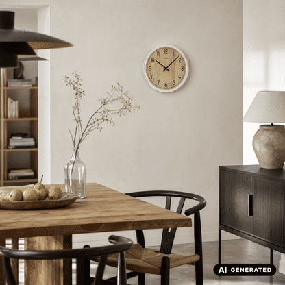 Wanduhr mit Holz-Zifferblatt und Metallrahmen an der Wand, Mineralglas-Abdeckung