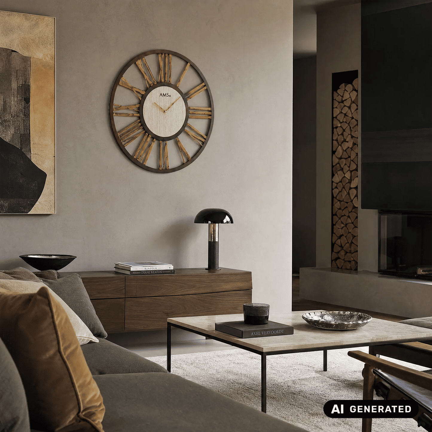 Wanduhr in Rundform: Holz-Zifferblatt, dunkler Metallrahmen und goldene Strahlen (AMS).