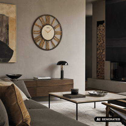 Wanduhr in Rundform: Holz-Zifferblatt, dunkler Metallrahmen und goldene Strahlen (AMS).