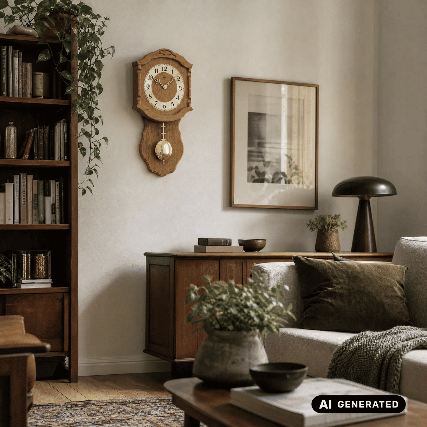 Wanduhr aus Eiche an der Wand mit rundem Ziffernblatt und goldenem Pendel