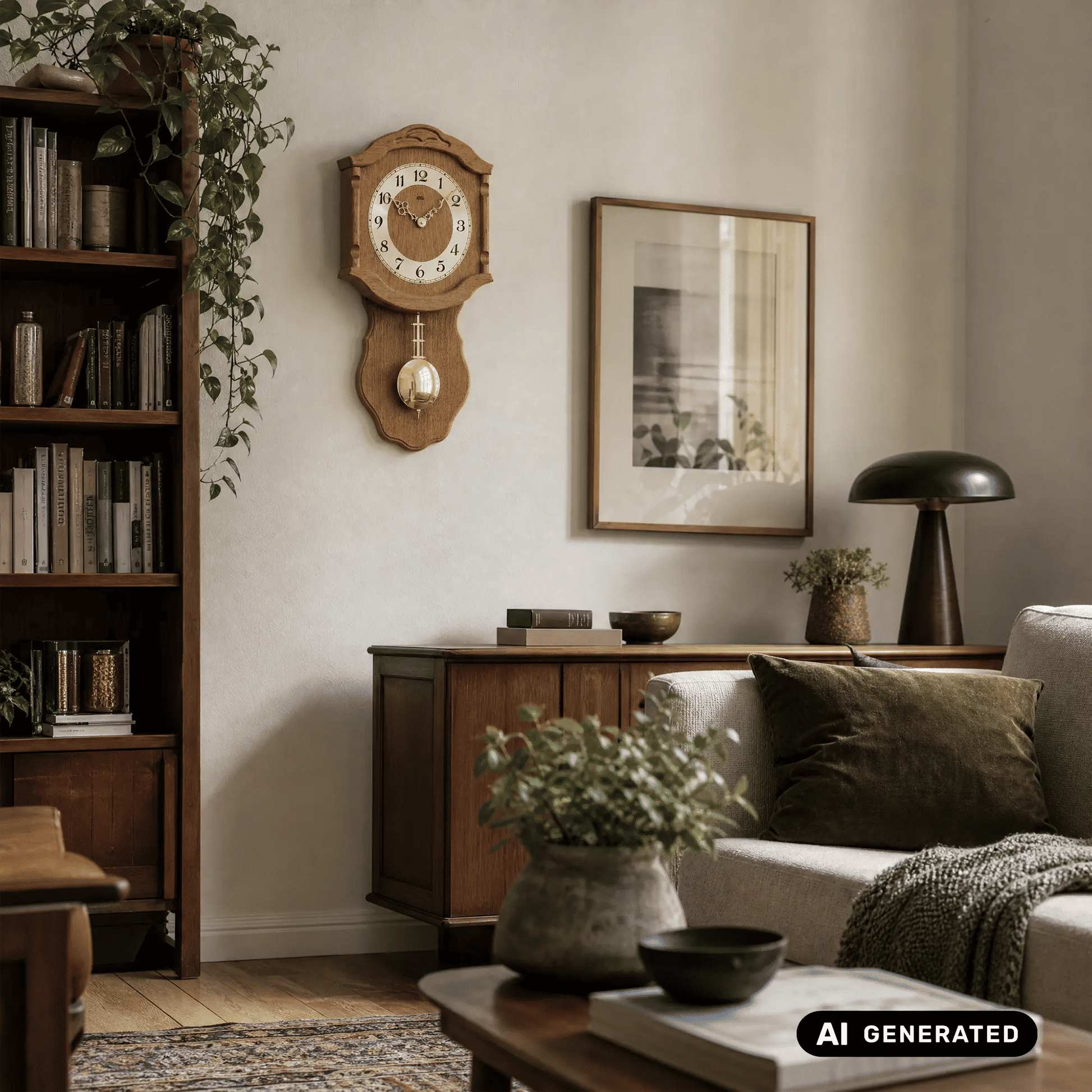 Wanduhr aus Eiche an der Wand mit rundem Ziffernblatt und goldenem Pendel
