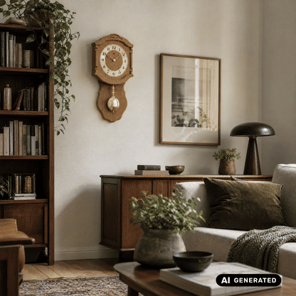Wanduhr aus Eiche an der Wand mit rundem Ziffernblatt und goldenem Pendel