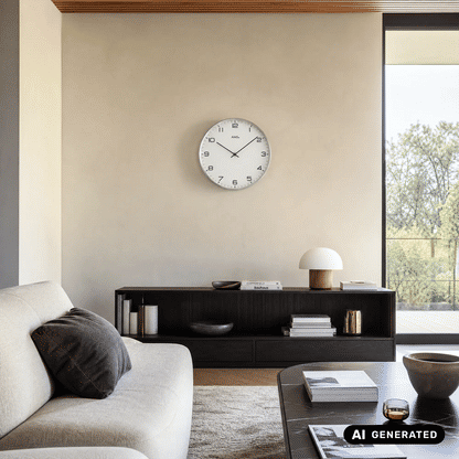 Wanduhr mit vernickeltem Metallrahmen und weißem Zifferblatt, schwarze Ziffern und Zeiger