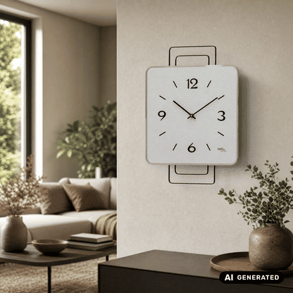Wanduhr an der Wand mit grauer Front, schwarzen Ziffern und Zeigern