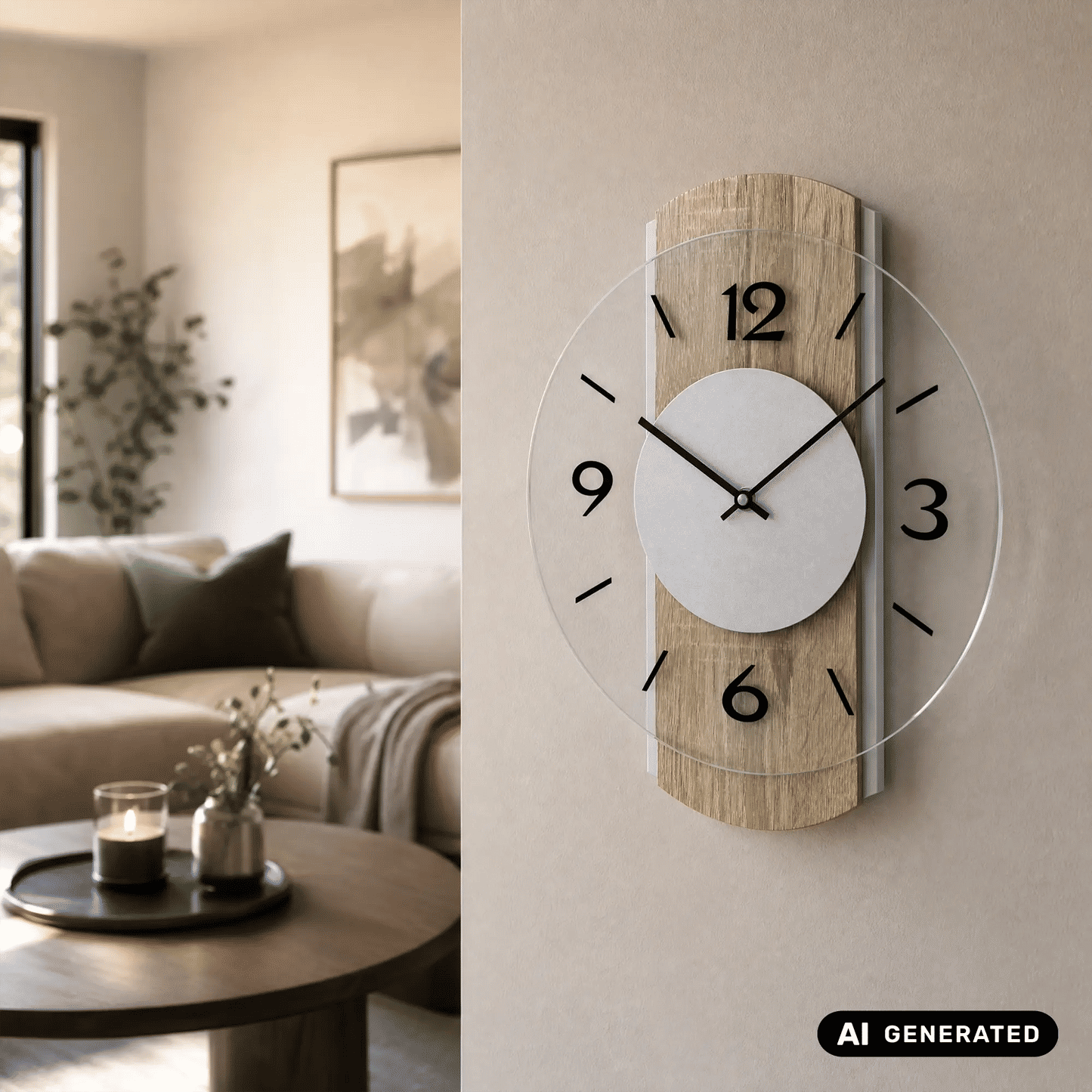 Wanduhr mit Sonoma-Eiche-Holzrahmen und facettiertem Glas, hellgraues Zifferblatt, schwarze Zahlen