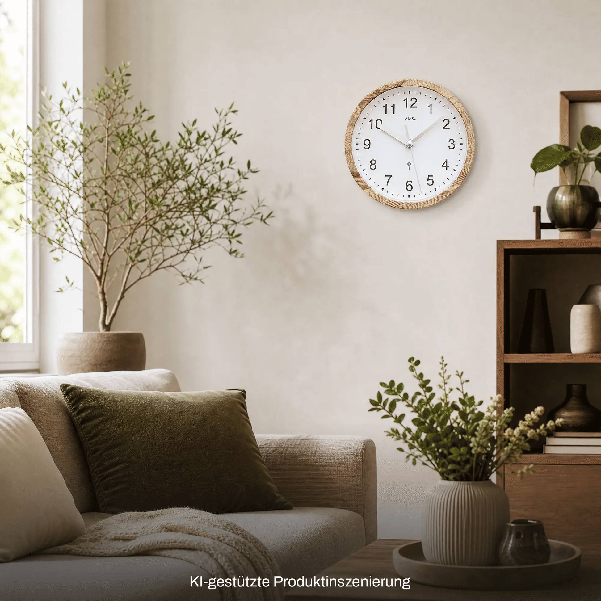 Wanduhr an der Wand mit Holzoptik-Rahmen und weißem Zifferblatt, gut sichtbare Ziffern