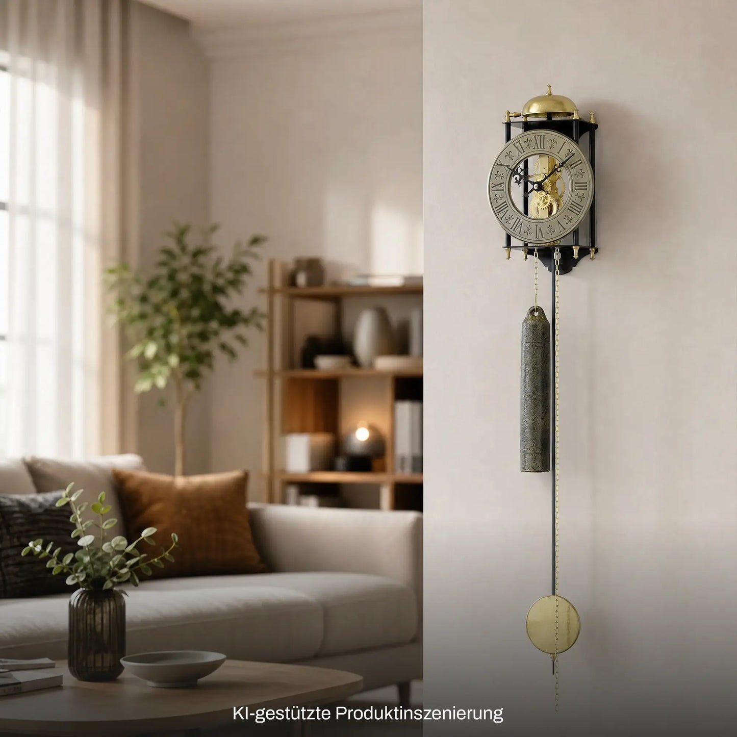 Wanduhr mit goldenem Zifferblatt, Pendelgewicht und unterem Kugelanhänger