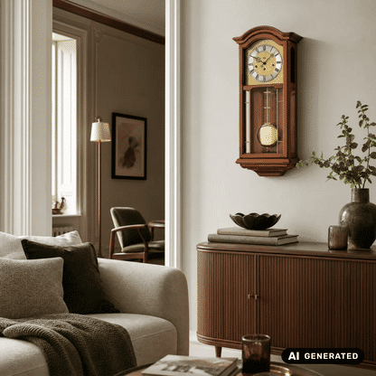 Wanduhr an der Wand mit Holzrahmen und goldfarbenem Pendelgewicht im Fenster