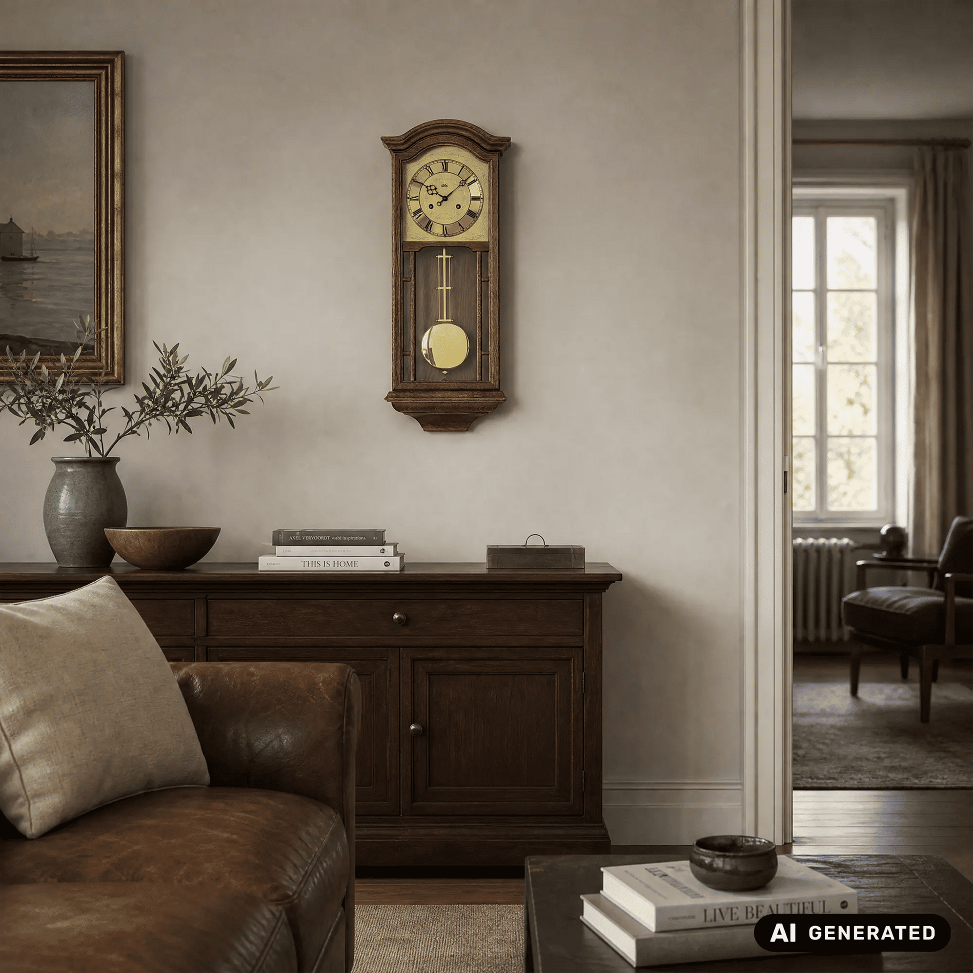 Wanduhr an der Wand mit Eichenholzrahmen, analogem Zifferblatt und Pendel