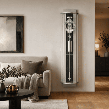 Wall clock for living area, transparent cylinder casing with aluminum frame and clockwork