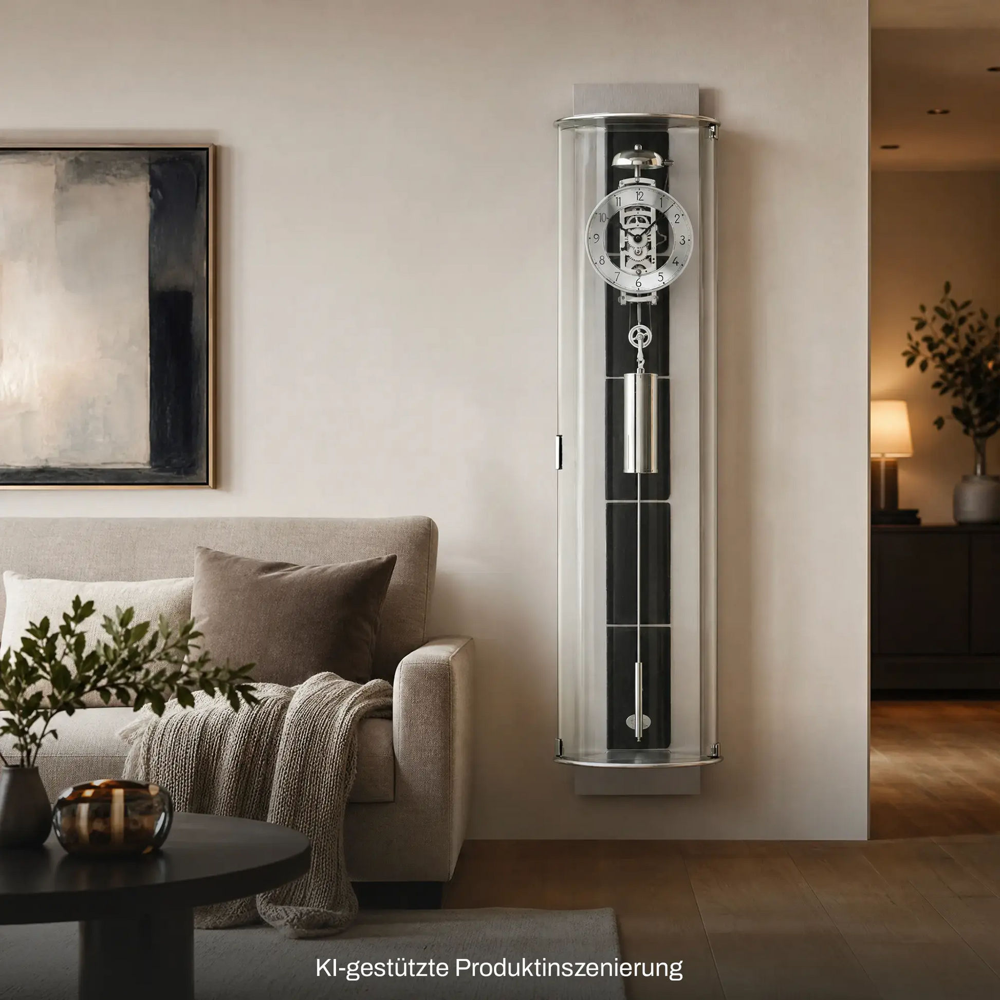 Mechanische Wanduhr mit Glasfront, Aluminiumgehäuse, schieferfarbene Einsätze und Seilzugwerk.