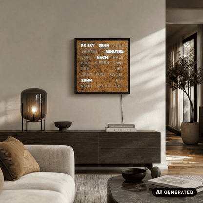 AMS T1273 Wall Clock Gold-Brown • Word Clock with LED Display • 220V Mains Powered