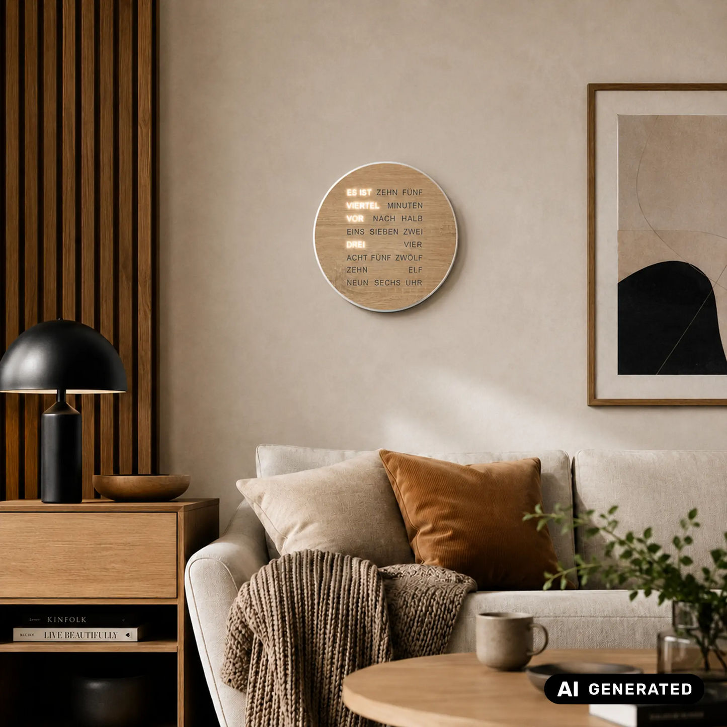 Runde Wanduhr mit LED-Wortanzeige in Holzoptik, leuchtender Text auf Ziffernblatt