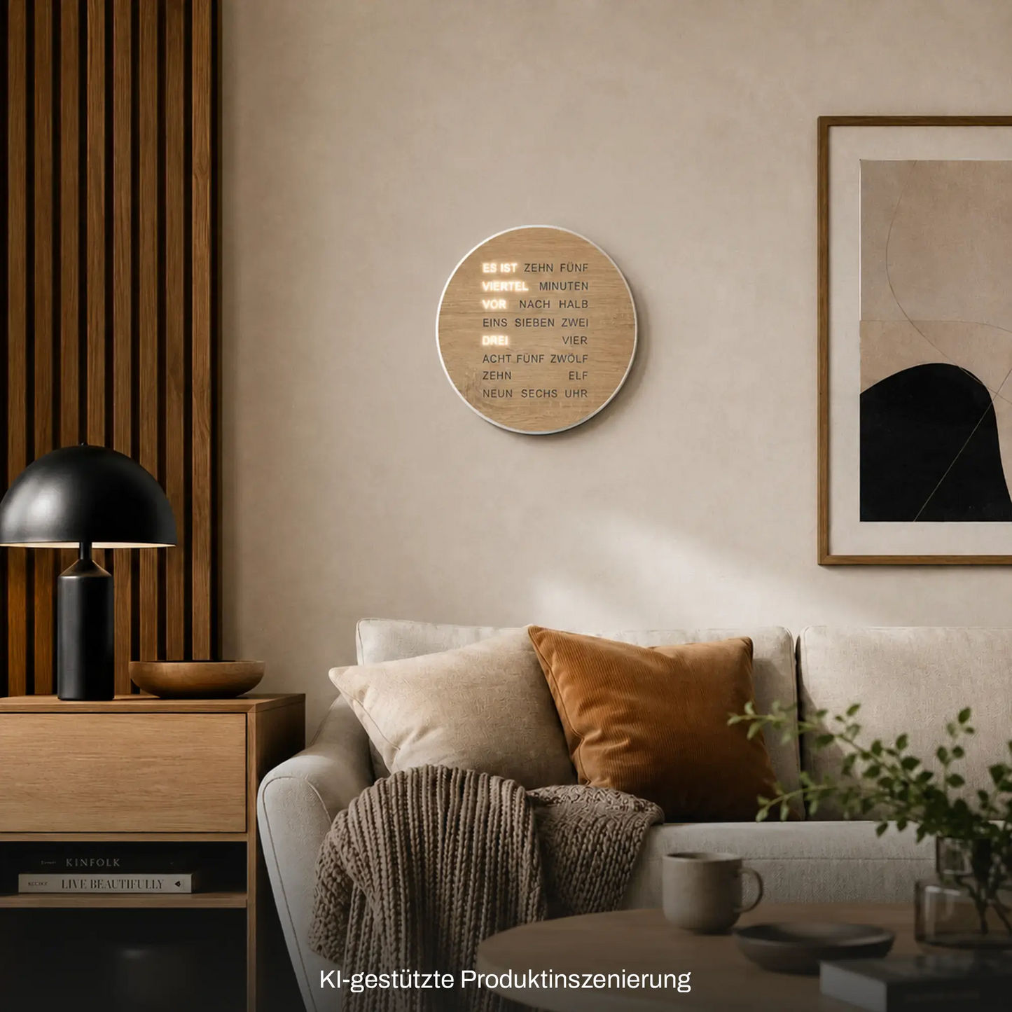 Wanduhr mit runder LED-Wortanzeige in Sonoma-Holzoptik und beleuchtetem Display