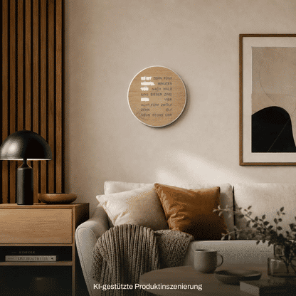 Wanduhr mit runder LED-Wortanzeige in Sonoma-Holzoptik und beleuchtetem Display