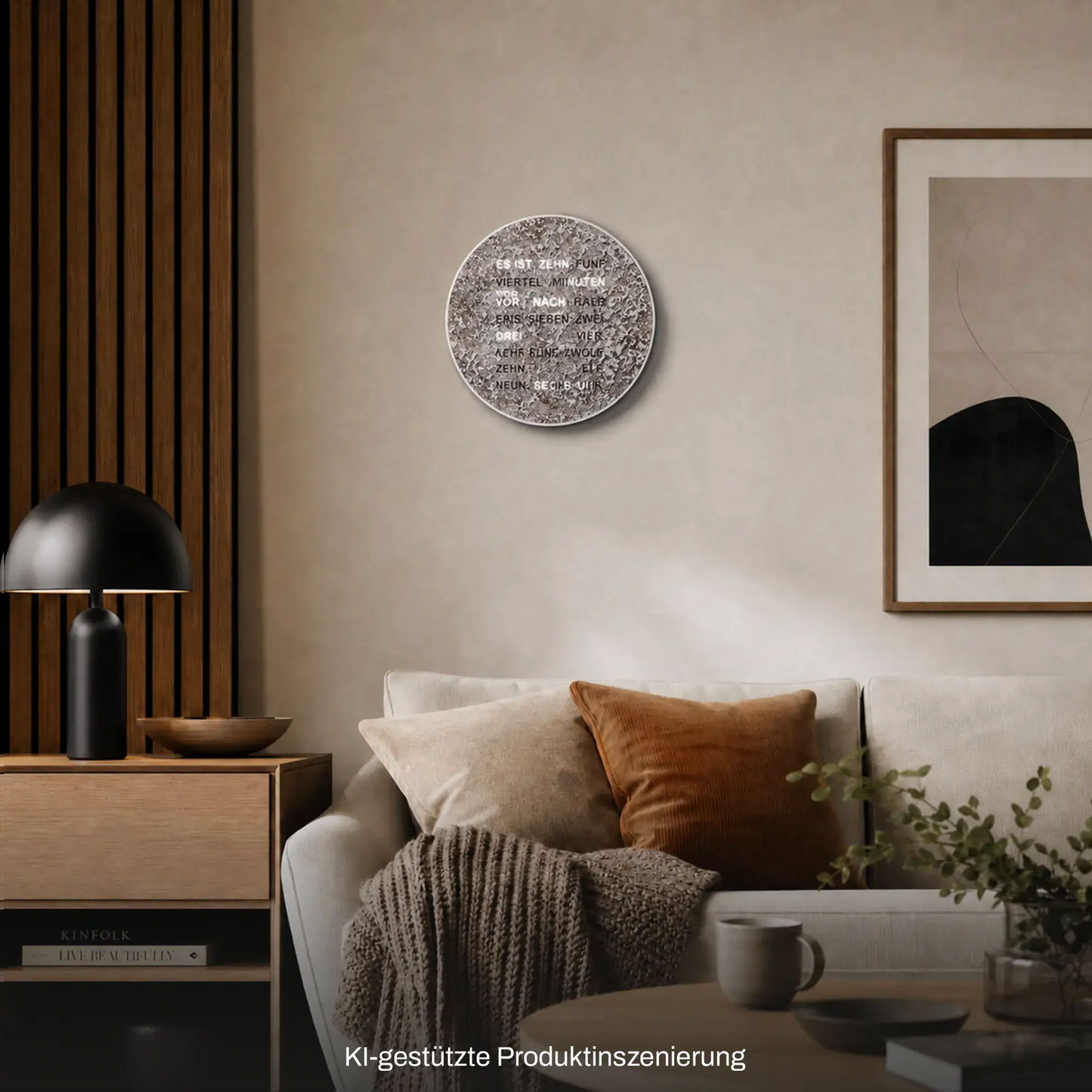 Runde metallische LED-Wortuhr an der Wand mit Wortzeit-Anzeige im Kreis