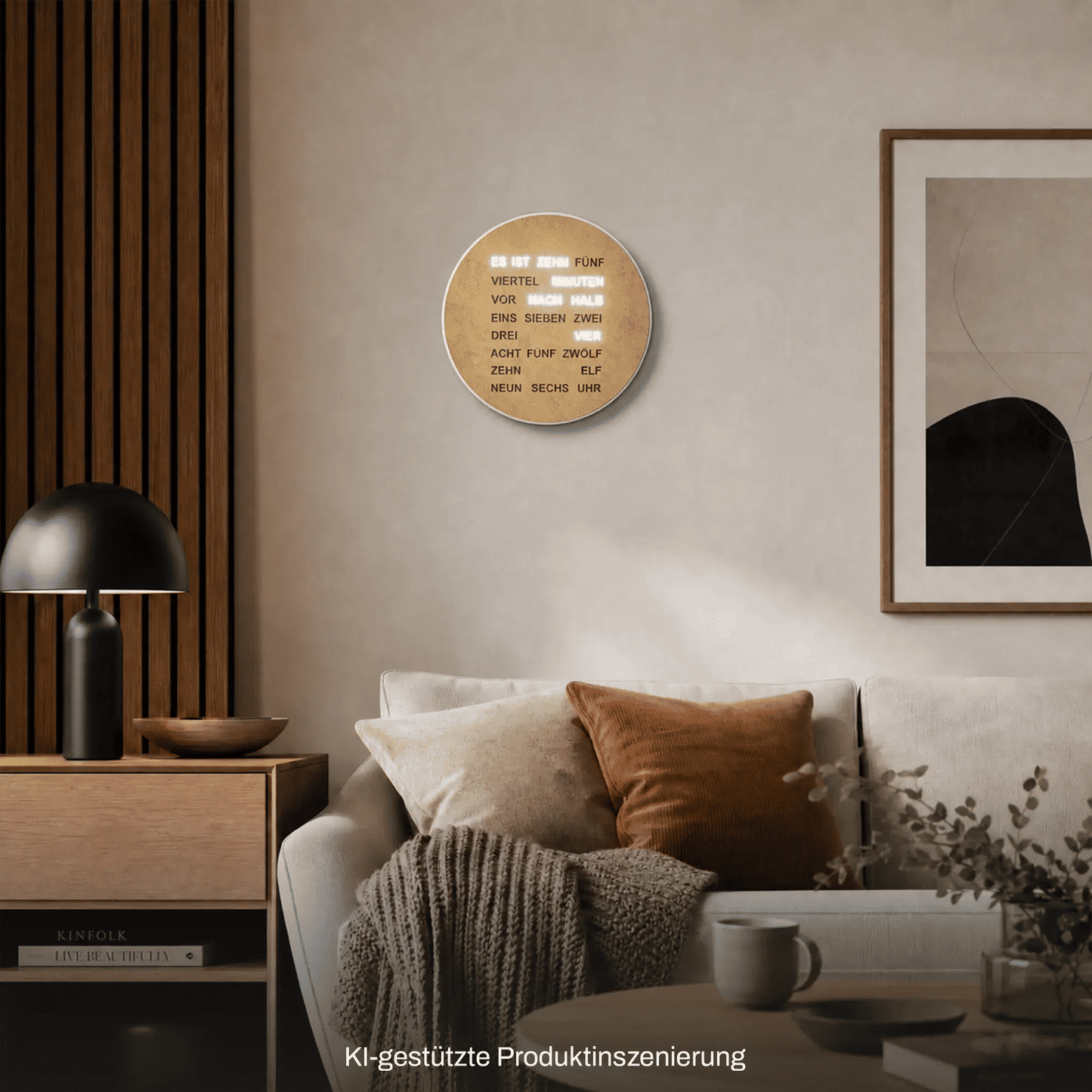 Runde Wanduhr mit Wortzeitanzeige, goldene Altmessing-Optik, zentral an der Wand