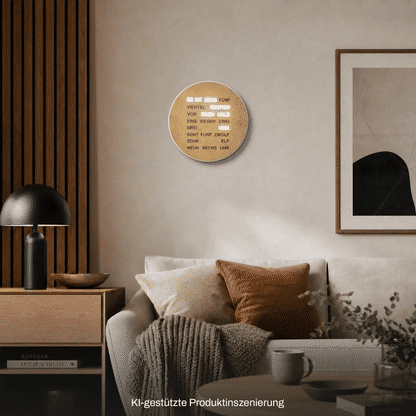 Runde Wanduhr mit Wortzeitanzeige, goldene Altmessing-Optik, zentral an der Wand