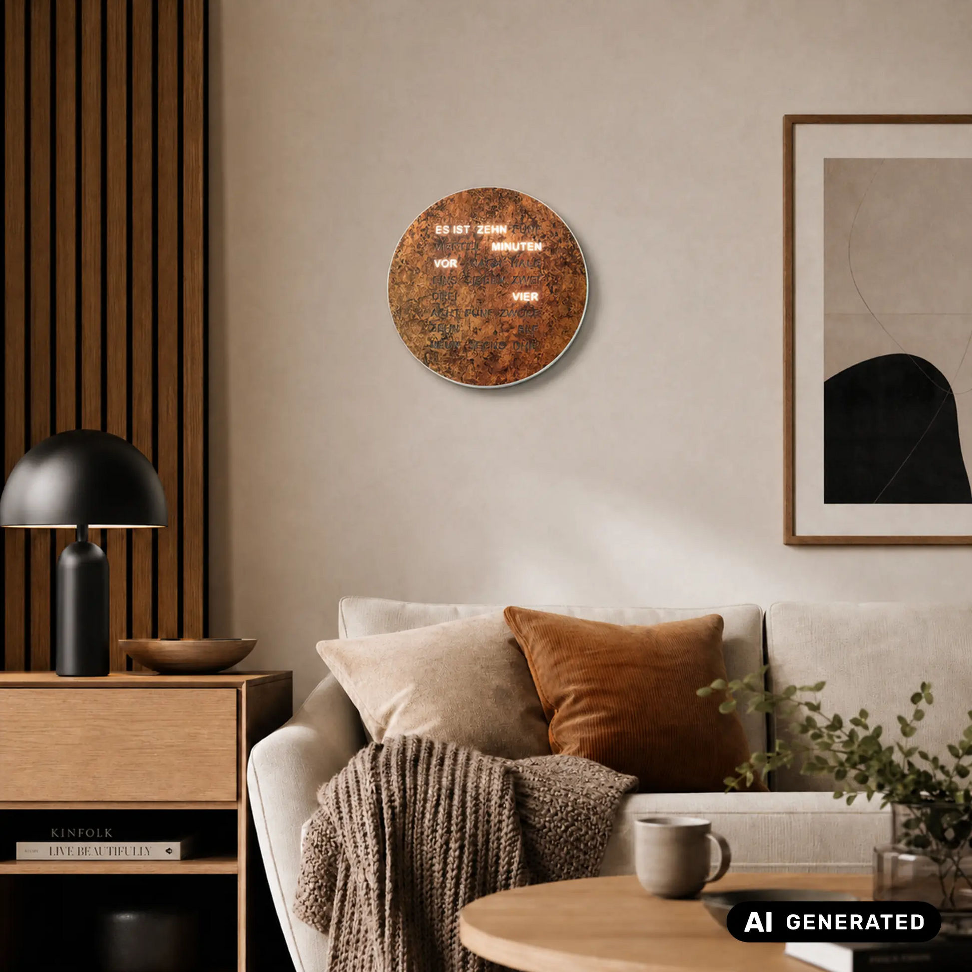 Runde LED-Wortuhr im Kupfer-Look an der Wand, beleuchtete Schriftanzeige sichtbar.