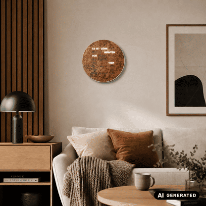 Runde LED-Wortuhr im Kupfer-Look an der Wand, beleuchtete Schriftanzeige sichtbar.