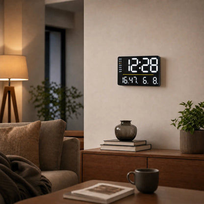 Digital wall clock with LED display, black, shows time and temperature/humidity.
