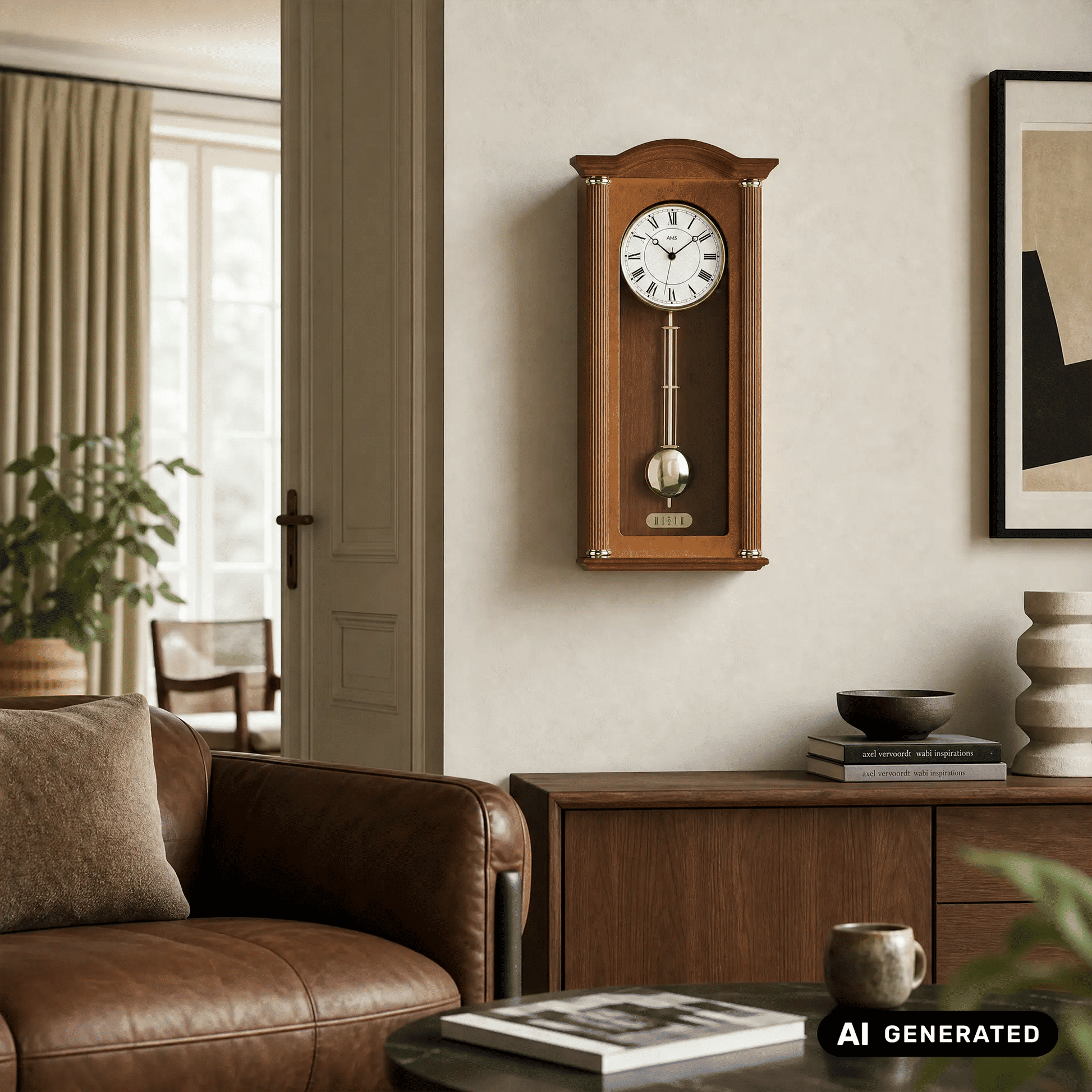 Braune Wanduhr mit analogem Zifferblatt und hängendem Pendel