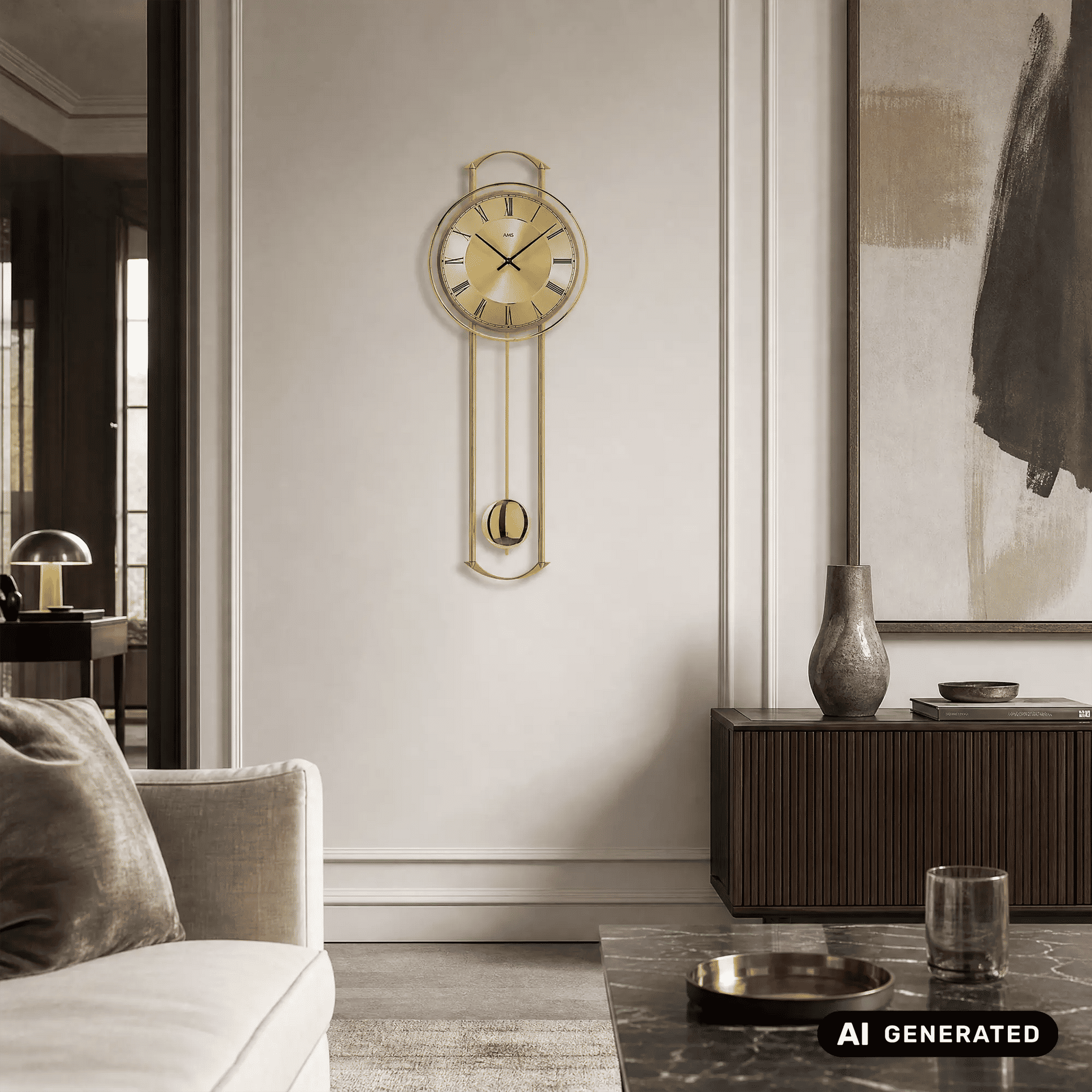 Messingfarbene Wanduhr mit goldenem Ziffernblatt und Kugelpendel