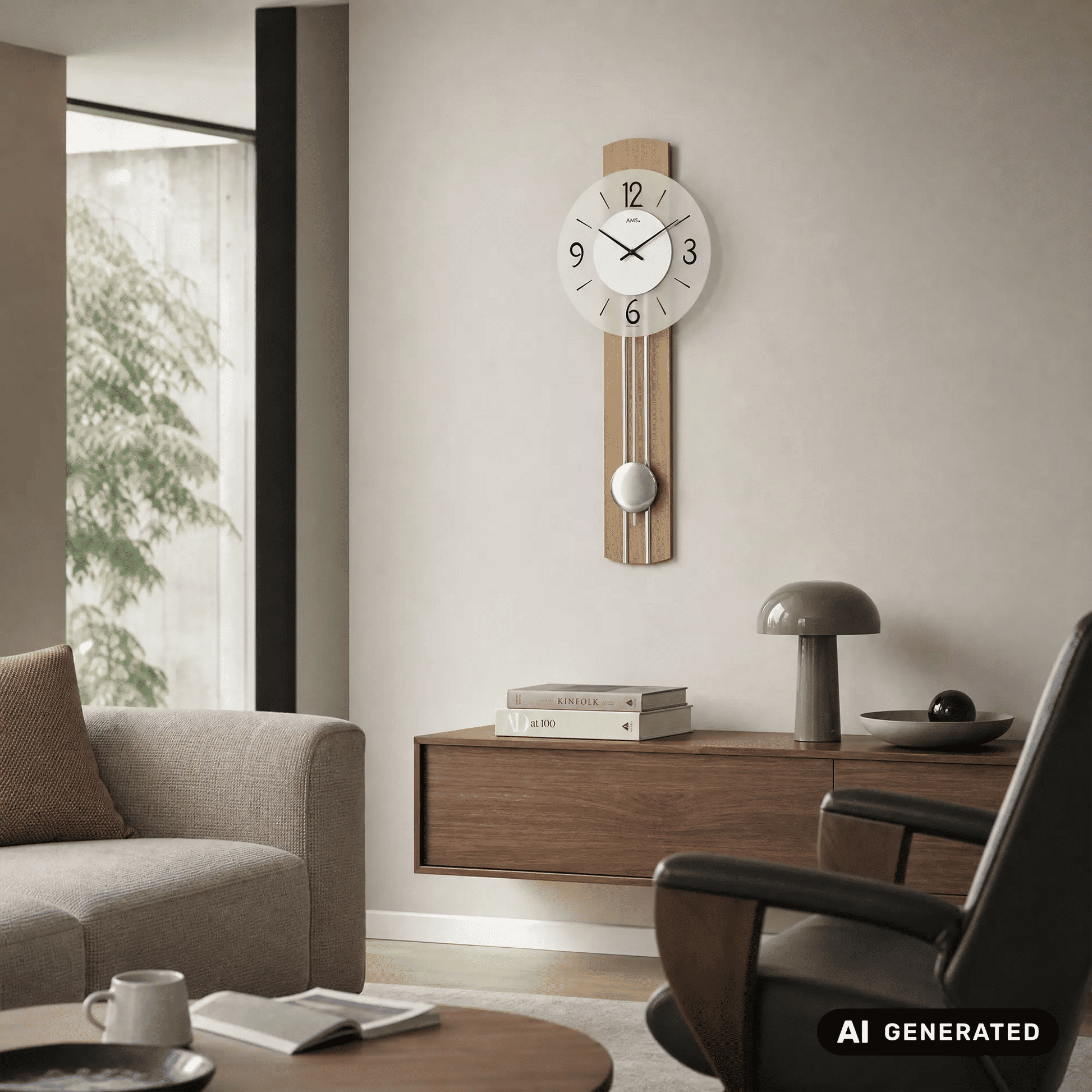 Wanduhr mit Pendel und Holzpaneel, Zifferblatt mit schwarzen Zahlen