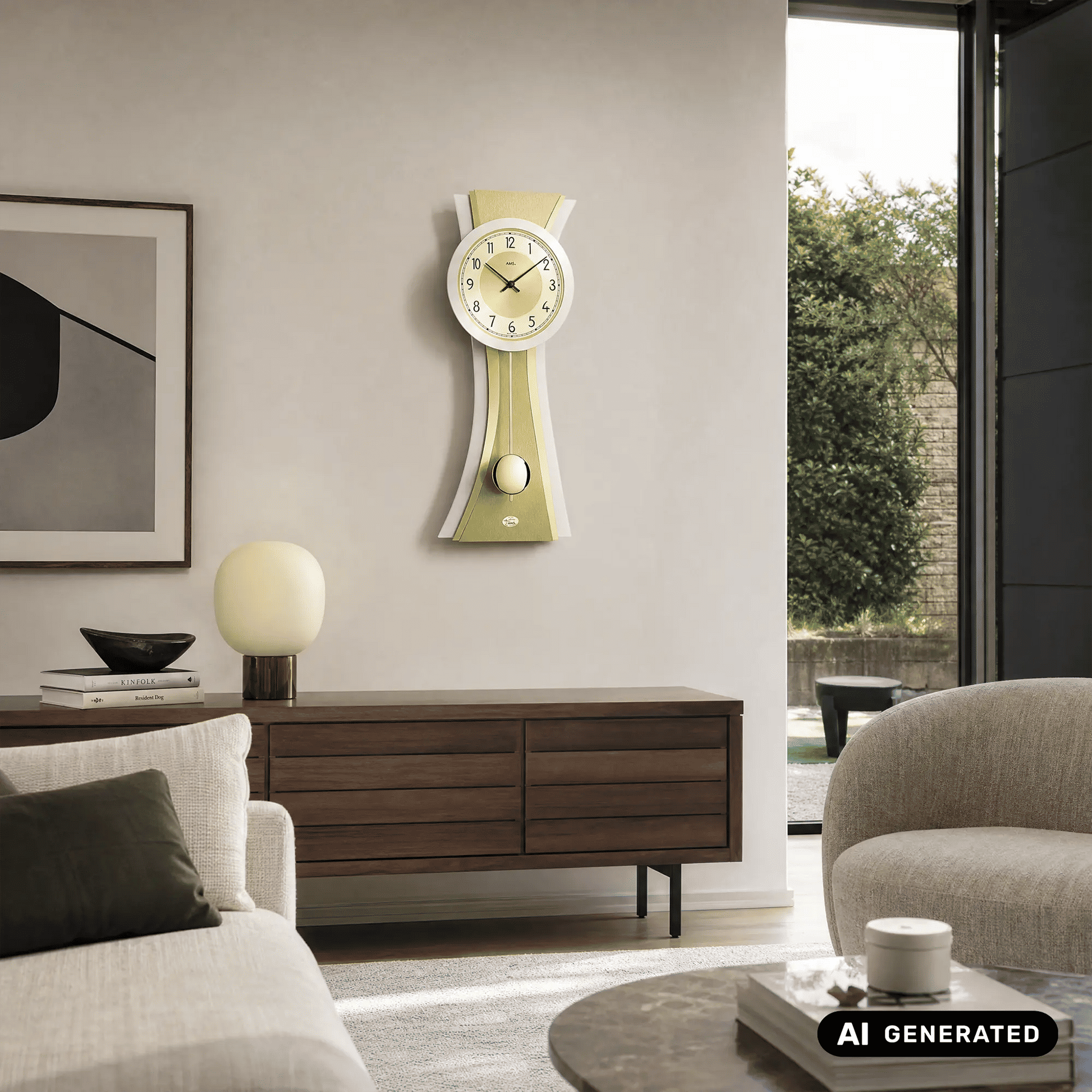 AMS-Wanduhr an der Wand mit rundem Uhrblatt, goldfarbenen Streifen und Pendel