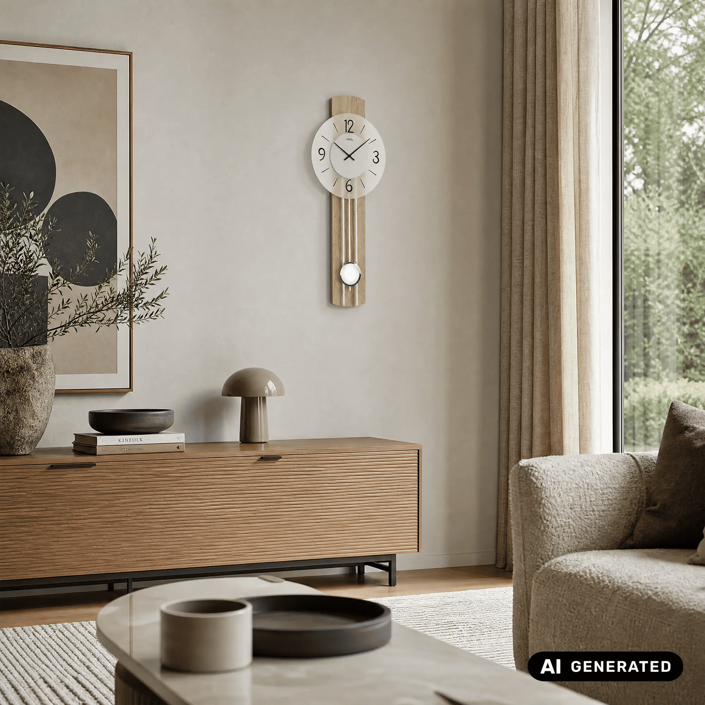 Zegar ścienny AMS W7274 dąb Sonoma • mechanizm kwarcowy z wahadłem • szkło mineralne