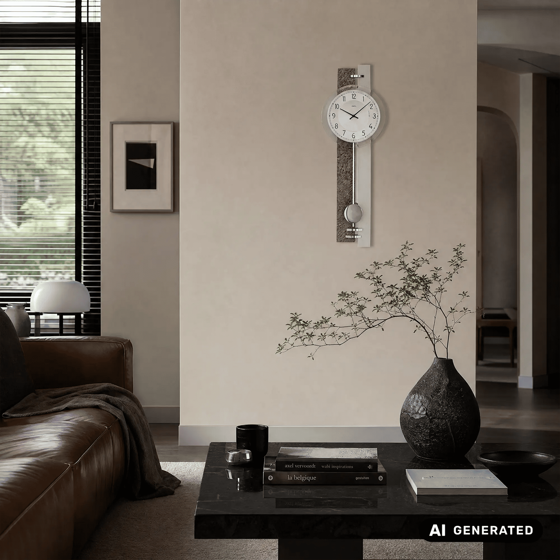 Pendelwanduhr mit rundem Ziffernblatt und Pendelknopf vor grauem Paneel