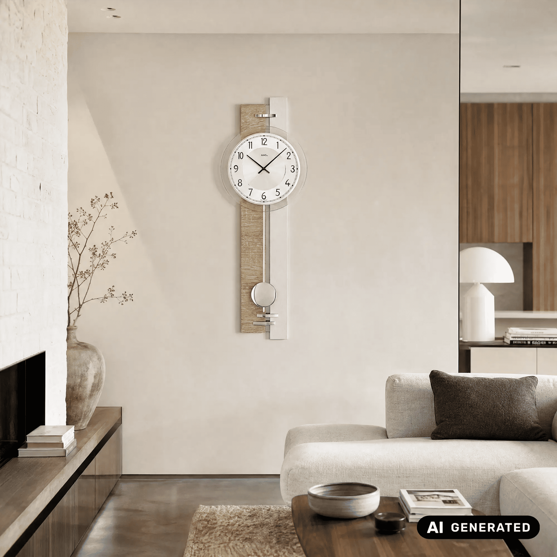 Wanduhr an der Wand mit analogem Ziffernblatt, Sonoma-Holzoptik, Pendel mit Kugel