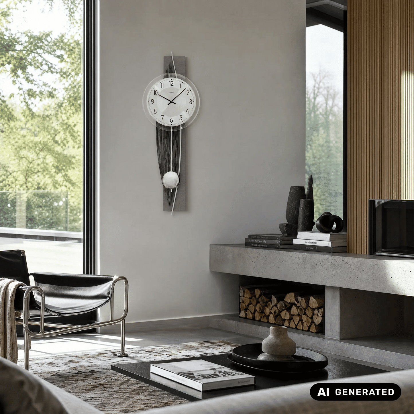 Wanduhr an der Wand: rundes Zifferblatt mit Zeigern, Holzdekorstreifen und Pendelkugel