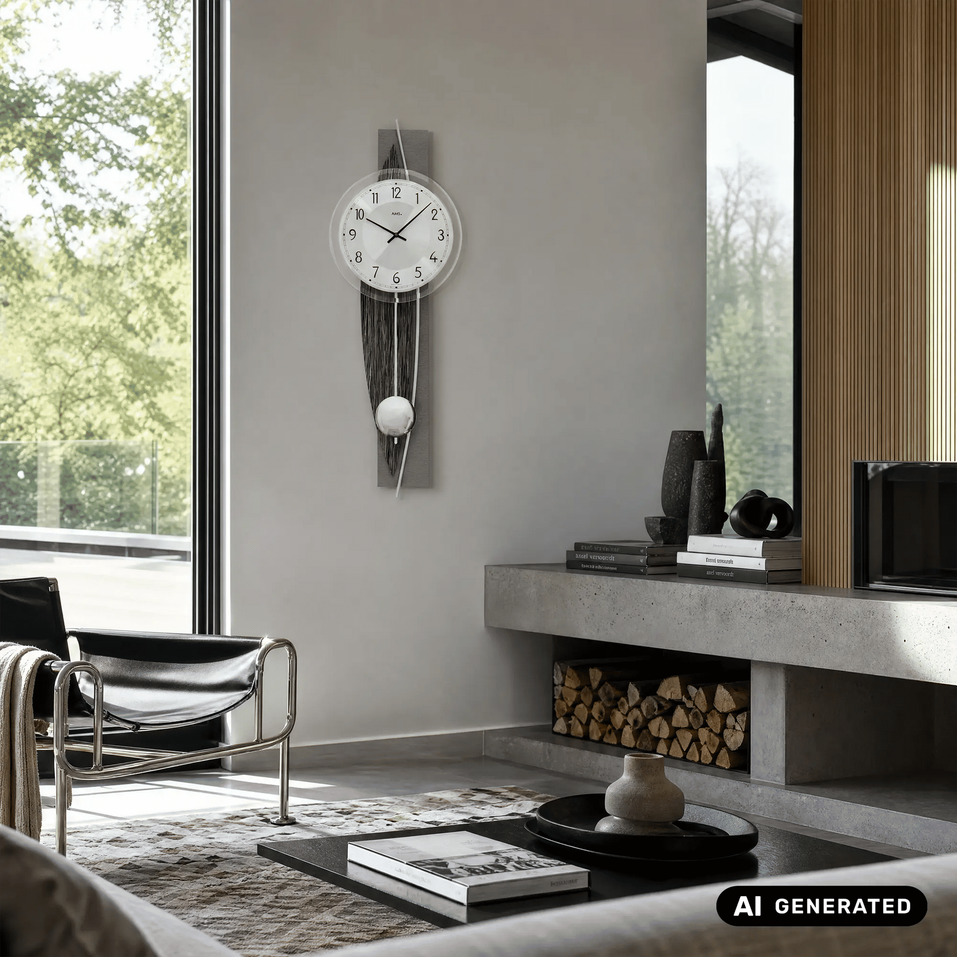 Wanduhr an der Wand: rundes Zifferblatt mit Zeigern, Holzdekorstreifen und Pendelkugel