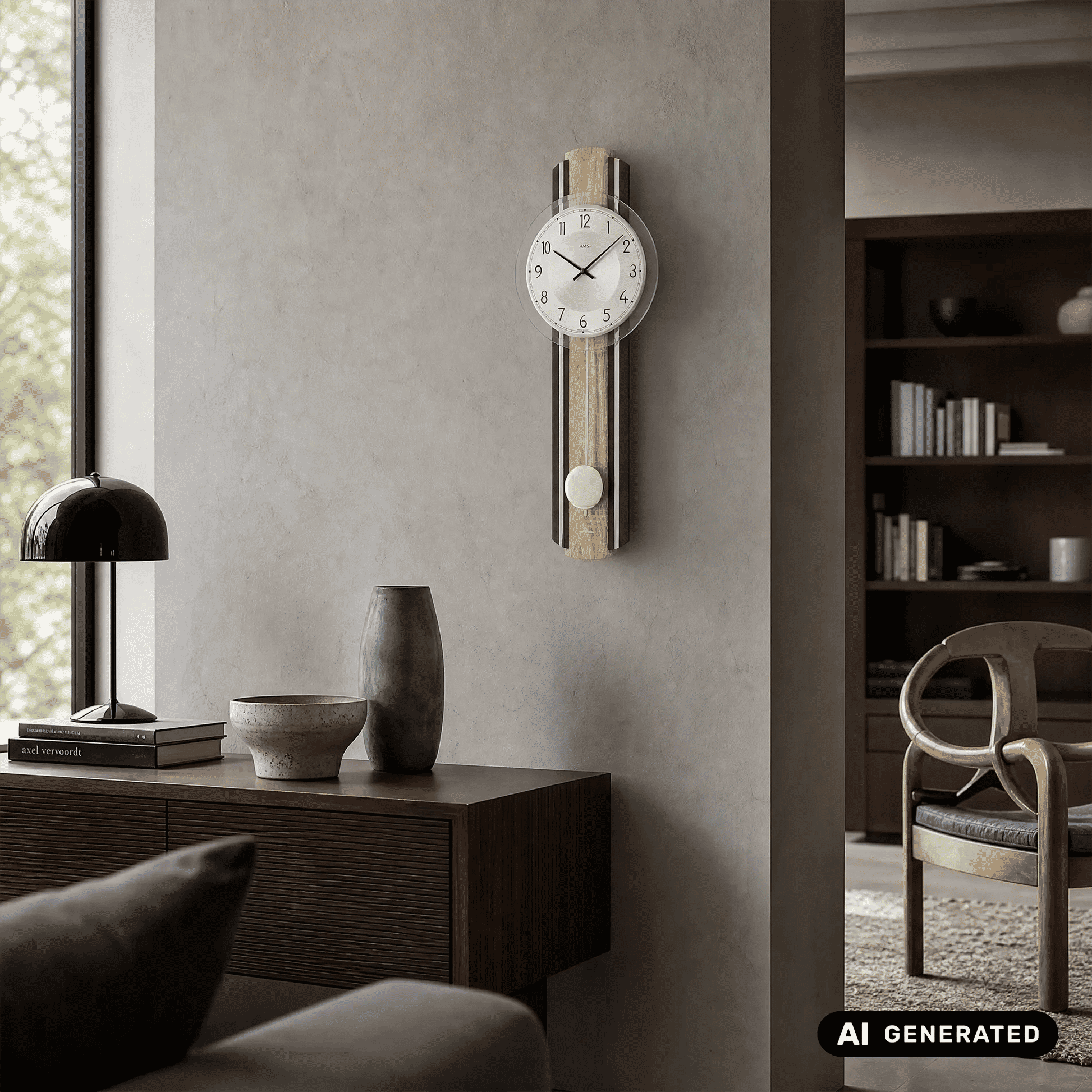 Wanduhr an Betonwand: rundes Zifferblatt, Holz-Optik und graues Pendelgehäuse