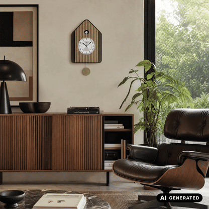 Wanduhr im Hausdesign in Sonoma mit Pendel und rundem Ziffernblatt, Holzoptik