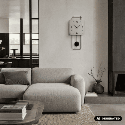 Wanduhr an der Wand mit hellem Zifferblatt, schwarzen Zeigern und rundem schwarzem Pendel