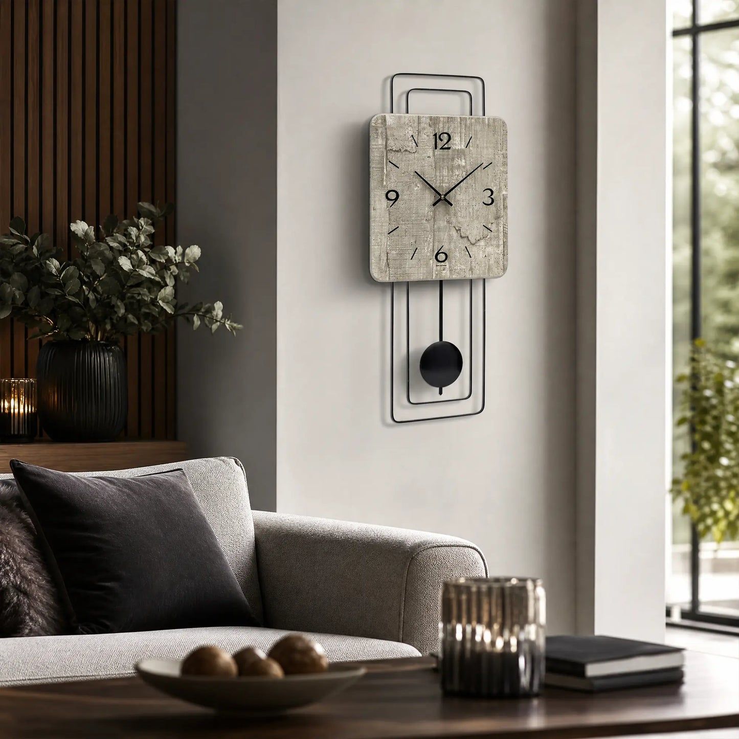 Wall clock with gray concrete look, black pendulum and black hands, and Roman numerals