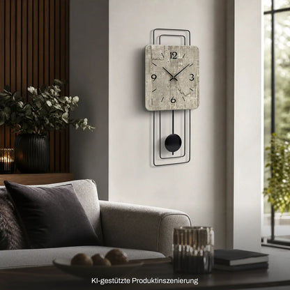Wanduhr mit Betonoptik-Gehäuse und Pendelwerk im quadratischen Rahmen, an der Wand